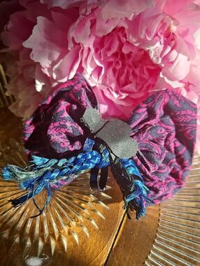 Hand Crafted Dog Collar Bow Tie Paisley Navy&Pink Black Leather Hearts NEW